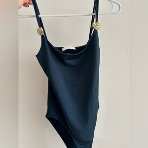 ZARA- Navy blue bodysuit with gold seashell hardware